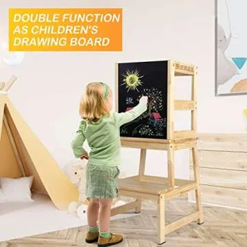 Kids Kitchen Step Stool with Chalkboard & Safety Rail for Toddlers 18 Months and Older, Safety Anti-Slip Protection, Removable Step Stool for Adult Use, Natural