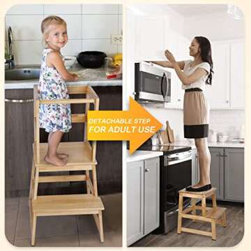 Kids Kitchen Step Stool with Chalkboard & Safety Rail for Toddlers 18 Months and Older, Safety Anti-Slip Protection, Removable Step Stool for Adult Use, Natural