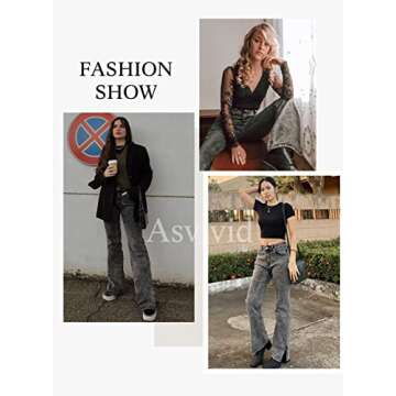 Asvivid Womens Casual High Waisted Flare Jeans Wide Leg Slit Ankle Bell Bottom Denim Pants Black 10