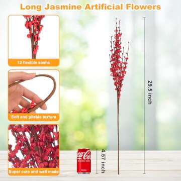 Wootkey 5 Pcs Jasmine Flowers Artificial Red Flowers 29.5" Long Stems Spring Flowers Picks with Mini...