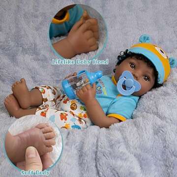 EKOKIZ Lifelike Reborn Baby Doll 18-Inch American African Baby Boy Newborn Baby Doll Soft Cloth Body...