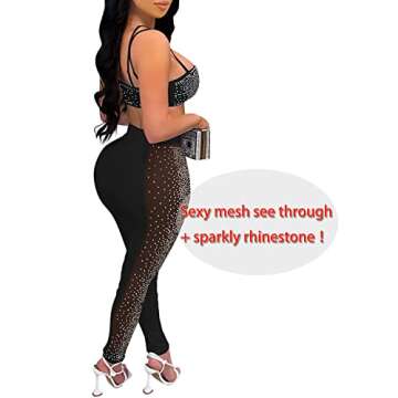 Zoctuo Women's Sexy 2 Piece Outfits Hot Drilling Spaghetti Straps Sheer Mesh See Through Jumpsuits Party Clubwear(5677,Black,L)