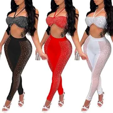 Zoctuo Women's Sexy 2 Piece Outfits Hot Drilling Spaghetti Straps Sheer Mesh See Through Jumpsuits Party Clubwear(5677,Black,L)