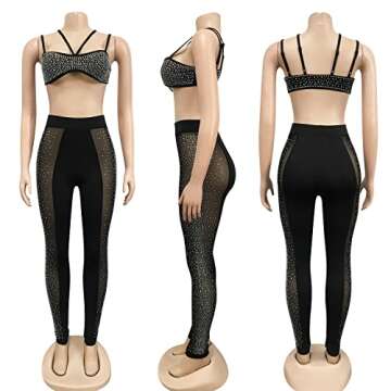 Zoctuo Women's Sexy 2 Piece Outfits Hot Drilling Spaghetti Straps Sheer Mesh See Through Jumpsuits Party Clubwear(5677,Black,L)