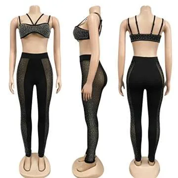 Zoctuo Women's Sexy 2 Piece Outfits Hot Drilling Spaghetti Straps Sheer Mesh See Through Jumpsuits Party Clubwear(5677,Black,L)