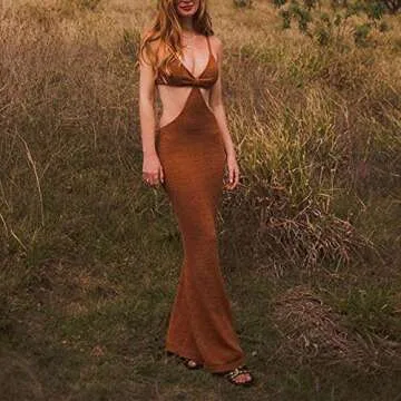 Lunoakvo Vacation Knitted Maxi Dresses for Women Summer Elegant Sexy Party Cut Out Backless Bodycon Dress Brown