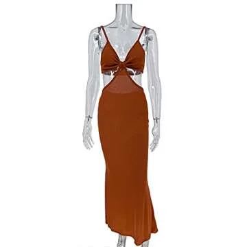 Lunoakvo Vacation Knitted Maxi Dresses for Women Summer Elegant Sexy Party Cut Out Backless Bodycon Dress Brown