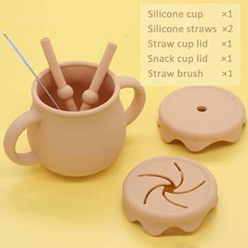 Ginbear 2-in-1 Silicone Baby Cups with Straw & Snack Cup Lid, 8.5 OZ Spill Proof Sippy Cups, Easy Gr...