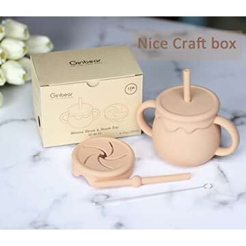 Ginbear 2-in-1 Silicone Baby Cups with Straw & Snack Cup Lid, 8.5 OZ Spill Proof Sippy Cups, Easy Grip Infant Cup, No Spill Toddler Training Cup (12 M+)