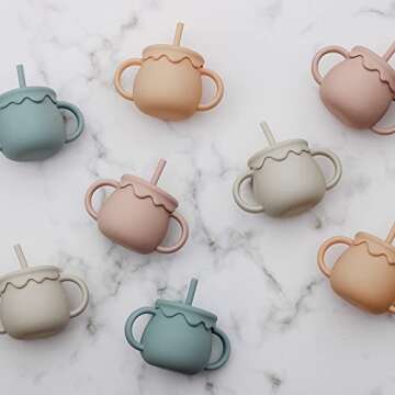 Ginbear 2-in-1 Silicone Baby Cups with Straw & Snack Cup Lid, 8.5 OZ Spill Proof Sippy Cups, Easy Grip Infant Cup, No Spill Toddler Training Cup (12 M+)