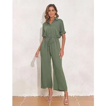 PrettyGuide Women's Wide Leg Jumpsuit with Pockets Casual Summer Waist Tie Button Short Sleeve Dressy Romper Pants