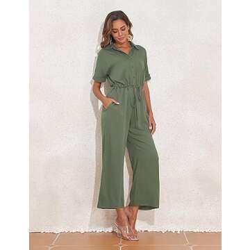PrettyGuide Women's Wide Leg Jumpsuit with Pockets Casual Summer Waist Tie Button Short Sleeve Dressy Romper Pants