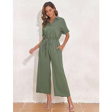 PrettyGuide Women's Wide Leg Jumpsuit with Pockets Casual Summer Waist Tie Button Short Sleeve Dressy Romper Pants