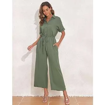 PrettyGuide Women's Wide Leg Jumpsuit with Pockets Casual Summer Waist Tie Button Short Sleeve Dressy Romper Pants