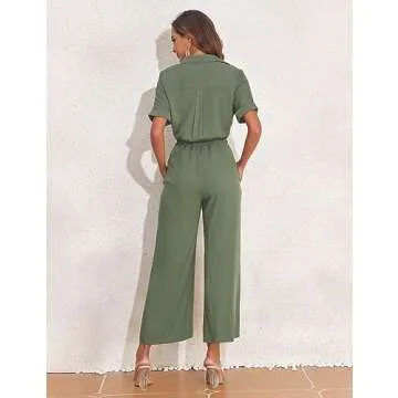 PrettyGuide Women's Wide Leg Jumpsuit with Pockets Casual Summer Waist Tie Button Short Sleeve Dressy Romper Pants