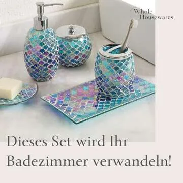 Whole HOUSEWARES Bathroom Accessory Set - 5-Piece Decorative Glass Bathroom Accessories Set with Mosaic Glass Finish - Bath Room Set Includes Soap Dispenser, Tray, Jar, Toothbrush Holder - Blue