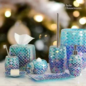 Whole HOUSEWARES Bathroom Accessory Set - 5-Piece Decorative Glass Bathroom Accessories Set with Mosaic Glass Finish - Bath Room Set Includes Soap Dispenser, Tray, Jar, Toothbrush Holder - Blue