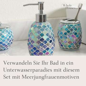 Whole HOUSEWARES Bathroom Accessory Set - 5-Piece Decorative Glass Bathroom Accessories Set with Mosaic Glass Finish - Bath Room Set Includes Soap Dispenser, Tray, Jar, Toothbrush Holder - Blue