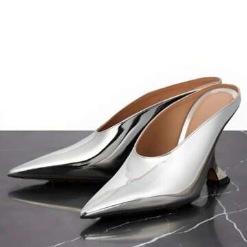 Vertundy Women's Metallic High Heeled Mules Wedge Heels Pointed Toe Backless Slide Pumps Slip On Dress Patent Leather Mule Ladies Silver