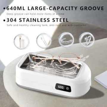 Ultrasonic Jewelry Cleaner, 49kHz Jewelry Cleaner Ultrasonic Machine with LED Display, 21.64 Oz (640ML) Portable Ultrasonic Cleaner for Glasses, Ring, Watch Band, Retainer, Dentures, Coin, Silver
