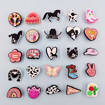 JXMADUK 30 Pack Hippie Shoe Decorations Charms for Clog Accessories Pins for Girls Teens Women Boho Pink Flowers Peace Butterfly Horse Cowgirl Shoe Charms Party Favors