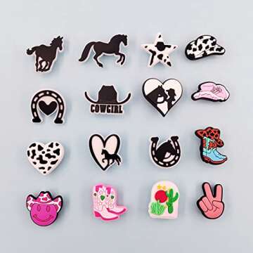 JXMADUK 30 Pack Hippie Shoe Decorations Charms for Clog Accessories Pins for Girls Teens Women Boho Pink Flowers Peace Butterfly Horse Cowgirl Shoe Charms Party Favors