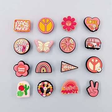 JXMADUK 30 Pack Hippie Shoe Decorations Charms for Clog Accessories Pins for Girls Teens Women Boho Pink Flowers Peace Butterfly Horse Cowgirl Shoe Charms Party Favors