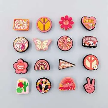 JXMADUK 30 Pack Hippie Shoe Decorations Charms for Clog Accessories Pins for Girls Teens Women Boho Pink Flowers Peace Butterfly Horse Cowgirl Shoe Charms Party Favors