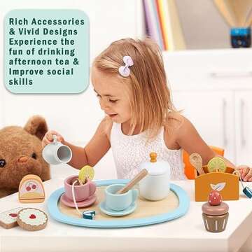Vomocent 29 Pcs Wooden Tea Party Set for Little Girls, Tea Set with Cupcake Stand & Food Pretend Play Accessories for Kids, Kitchen Playset Toys for 3+ Year Old Boy Girl Birthday Gift