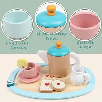 Vomocent 29 Pcs Wooden Tea Party Set for Little Girls, Tea Set with Cupcake Stand & Food Pretend Play Accessories for Kids, Kitchen Playset Toys for 3+ Year Old Boy Girl Birthday Gift