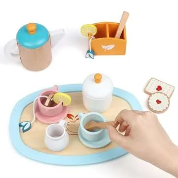 Vomocent 29 Pcs Wooden Tea Party Set for Little Girls, Tea Set with Cupcake Stand & Food Pretend Play Accessories for Kids, Kitchen Playset Toys for 3+ Year Old Boy Girl Birthday Gift