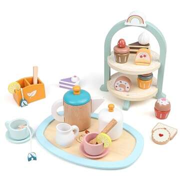 Vomocent 29 Pcs Wooden Tea Party Set for Little Girls, Tea Set with Cupcake Stand & Food Pretend Play Accessories for Kids, Kitchen Playset Toys for 3+ Year Old Boy Girl Birthday Gift