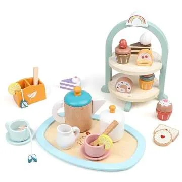 Vomocent 29 Pcs Wooden Tea Party Set for Little Girls, Tea Set with Cupcake Stand & Food Pretend Play Accessories for Kids, Kitchen Playset Toys for 3+ Year Old Boy Girl Birthday Gift