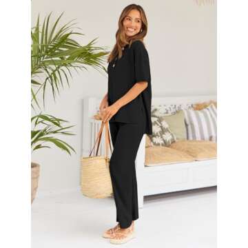 LILLUSORY Lounge Sets for Women 2 Piece Summer Outfits 2025 Two Piece Matching Knit Loungewear Pajama Causal Top Pants Sweat Suit Cute Teen Clothes Black M