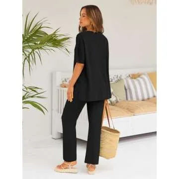LILLUSORY Lounge Sets for Women 2 Piece Summer Outfits 2025 Two Piece Matching Knit Loungewear Pajama Causal Top Pants Sweat Suit Cute Teen Clothes Black M