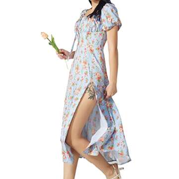 Boho Dress for Women Cottagecore Dress Maxi Dress Summer Wrap Floral Casual Vintage Square Neck Ruff...