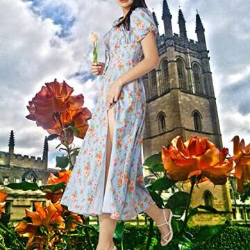 Boho Dress for Women Cottagecore Dress Maxi Dress Summer Wrap Floral Casual Vintage Square Neck Ruffle Hem Split Beach Dress