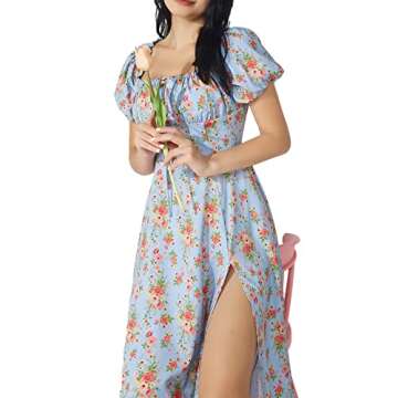 Boho Dress for Women Cottagecore Dress Maxi Dress Summer Wrap Floral Casual Vintage Square Neck Ruffle Hem Split Beach Dress