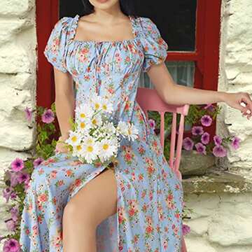 Boho Dress for Women Cottagecore Dress Maxi Dress Summer Wrap Floral Casual Vintage Square Neck Ruffle Hem Split Beach Dress