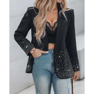 Chic Me Womens Business Casual Blazer Fall Jackets 2024 Rhinestone Decor Blazers Open Front Blazer Casual Coats