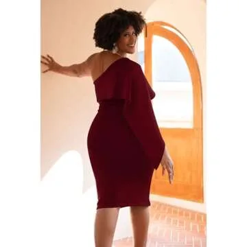 GOBLES One Shoulder Ruffle Midi Dress in Burgundy