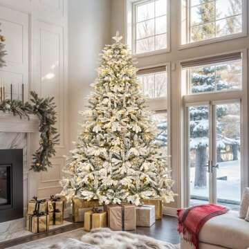YITAHOME 6 FT Pre-Lit Snow Flocked Christmas Tree, Artificial Hinged Canaan Fir Christmas Tree with ...
