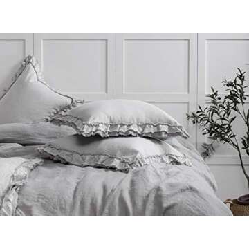 meadow park Washed French Linen 2 Pieces Square European Pillow Shams, Reversible, 26 inches x 26 inches, Super Soft, Ruffle Style, Grey Color
