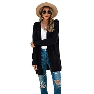 TASAMO Womens Color Block Striped Draped Kimono Cardigan Long Sleeve Open Front Casual Knit Sweaters Coat Soft Outwear (Large,Black)