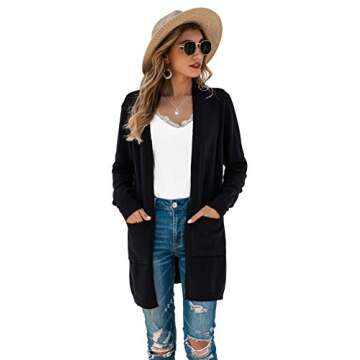 TASAMO Womens Color Block Striped Draped Kimono Cardigan Long Sleeve Open Front Casual Knit Sweaters Coat Soft Outwear (Large,Black)