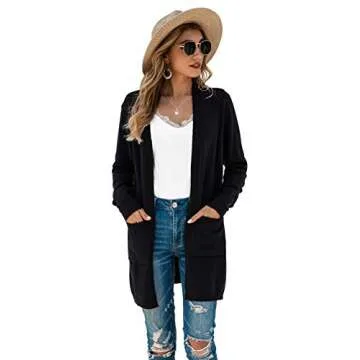 TASAMO Womens Color Block Striped Draped Kimono Cardigan Long Sleeve Open Front Casual Knit Sweaters Coat Soft Outwear (Large,Black)