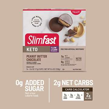 SlimFast Low Carb Chocolate Snacks, Keto Friendly for Weight Loss with 0g Added Sugar & 3g Fiber, Peanut Butter Chocolate, 14 Count Box (Packaging May Vary)