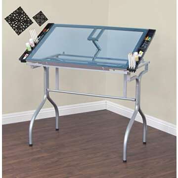 Studio Designs Folding Modern Glass Top Adjustable Drafting Table Craft Table Drawing Desk Hobby Tab...