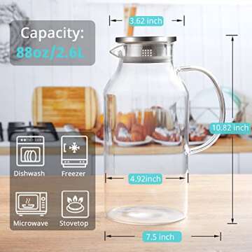 2.6 Liter 88 oz Glass Pitcher with Lid and Spout, Bivvclaz Glass Water Pitcher for Fridge, Glass Car...