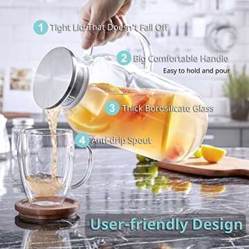 2.6 Liter 88 oz Glass Pitcher with Lid and Spout, Bivvclaz Glass Water Pitcher for Fridge, Glass Carafe for Hot/Cold Water, Iced Tea Pitcher, Large Pitcher for Coffee, Juice and Homemade Beverage